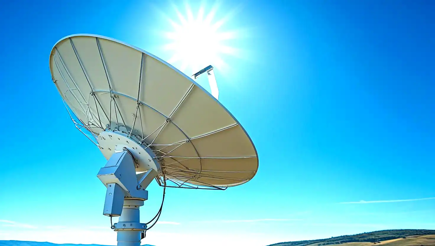 Telecommunication tower and satellite dish under a vibrant sky